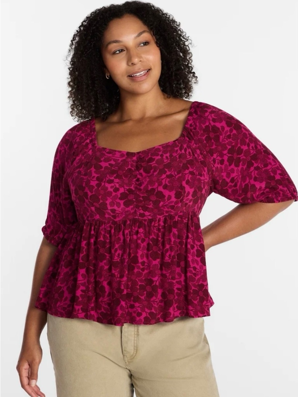 NWT Terra & Sky Floral Square-Neck Peplum Sweetheart Top Raspberry